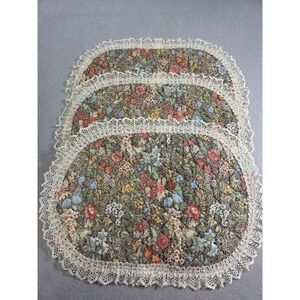 Vintage Floral Quilted Placemats Boho 80's Lace Ruffle Butterflies Flowers Set 3
